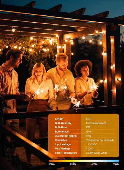 Outdoor String  Waterproof Patio Lights ( 50FT - 50 Bulbs )