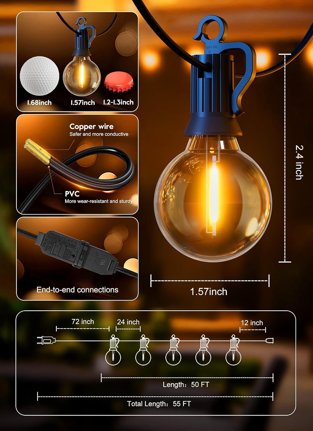 Outdoor String  Waterproof Patio Lights ( 50FT - 50 Bulbs )